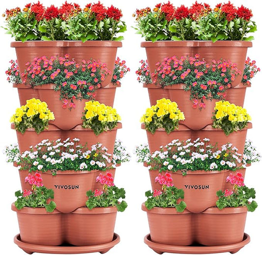 VIVOSUN 2-Pack 5 Tier Vertical Gardening Stackable Planter for Strawberries, Flowers, Herbs, Vegetables, Brown