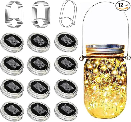 ZNYCYE Solar Mason Jar Lights 12 Pack 30 Led Fairy Lights Mason Jar Lids with Hanger (Jars Not Included) Best for Mason Jar Outdoor Christmas Decor for Patio Garden Yard and Lawn(Warm White)