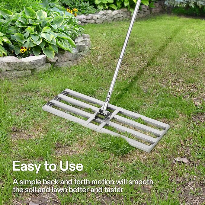 VIVOSUN 30" Lawn Leveling Rake, 30" x 10" x 78" Heavy-Duty Stainless Steel Lawn Leveler with 7FT Adjuatble Long Handle for High Effect, Metal Levelawn for Smooth Soil, Rustproof Rakes for Garden Yard