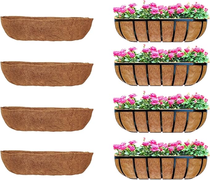 Maxona 24 inch 4 Pack Trough Rectangular Coco Liner for Window Box Planter: Thick Coconut Coir to Support The Soil Replacement for Wall Hanging Basket, Rectangle Pre-Formed Fiber Husk, Garden Fence