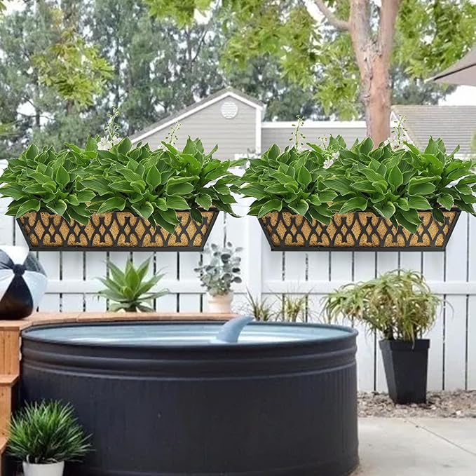 4 Pack 24 Inch Window Boxes Planters for Outdoor Plants Railing Planter Box with Adjustable Brackets for Windowsill Porch Fence Patio Hanging Flower Coco Baskets for Outside Decoration - Black
