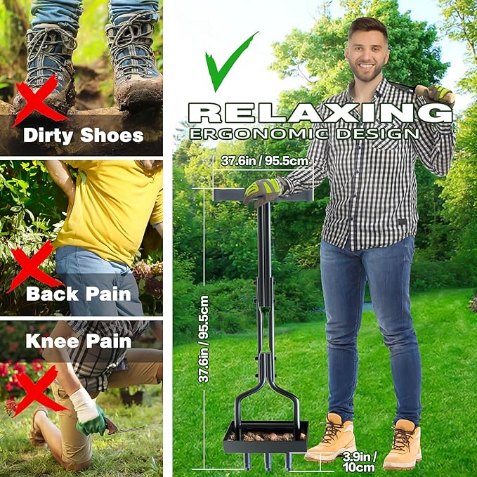 Manual Lawn Aerator with Tray & 3 Hollow Slots Manual Soil Corer Collector Lawn Plug Core Aeration Tool Heavy Duty Lawn Core for Soils & Lawns Yard Garden, 37.6 inches, Black