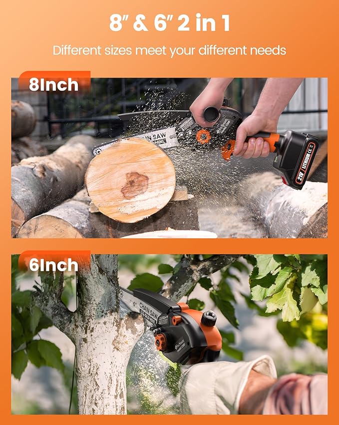 Mini Chainsaw Cordless, 8 inch & 6 inch Electric Chain Saw with 2 Pack Rechargeable Batteries, Battery Powered Handheld Saw Gardening Tools for Trees Branches Trimming Wood Cutting, Orange