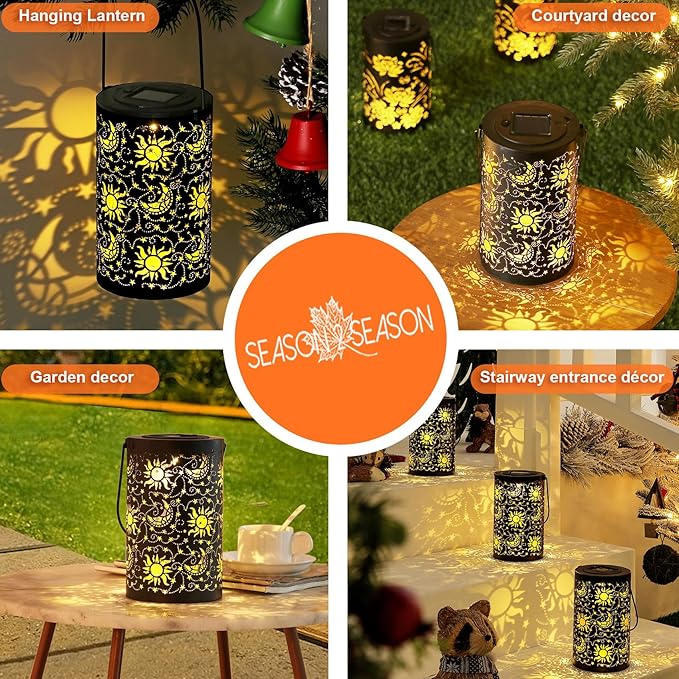 Solar Lanterns Outdoor Hanging Waterproof Metal Sun Moon Star Pattern Lanterns for Garden Patio Yard Lawn Front Porch Decor as Birthday Gifts for Mom Grandma Women