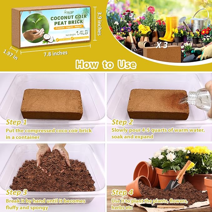 Legigo Pack of 3 Organic Coco Coir Bricks- 100% Natural Compressed Coco Peat Brick Coconut Fiber Substrate with Low EC& pH Balance, Coir Plant Soil Enhance Root Growth for Herbs, Flowers, House Plants