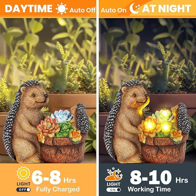 Succulent Hedgehog Garden Statues with Solar Outdoor Lights for Garden Decor, Animal Figurines Resin Outdoor Statues, Garden Gifts for Women Mom Lawn Ornaments for Patio Yard Decor