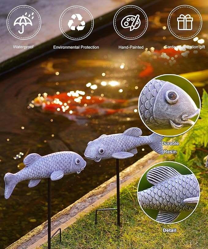 Outdoor Koi Fish Statues 2Pack: Garden Sculpture Ornaments Pond Decor for Yard Lawn Patio Porch Outside Decorative Gifts for Grandma Women Mom