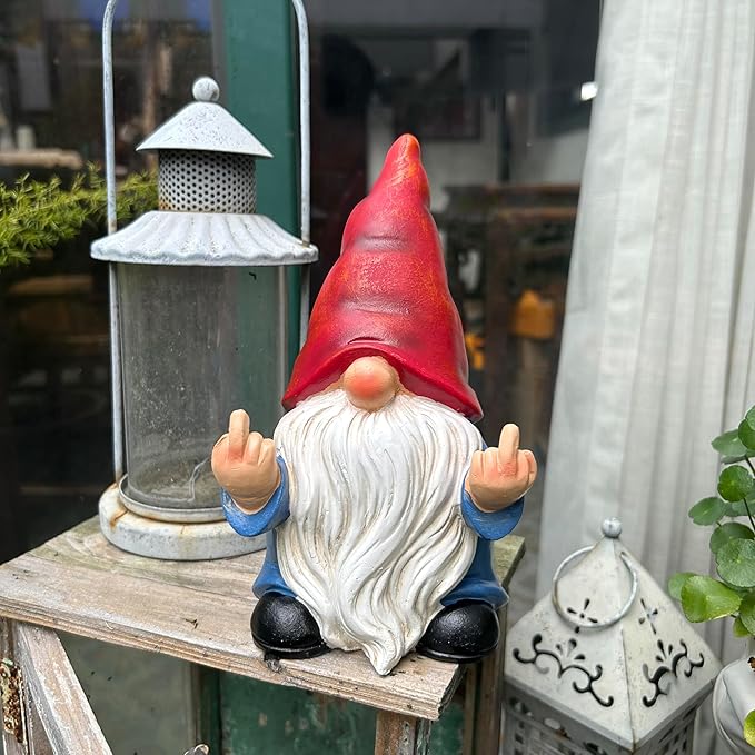 Middle Finger Gnome Statue 7.8in， Naughty Garden Gnome Statue Decoration and Lawn Ornament - Funny Garden Gnomes for Outdoor or Home Decor, Red, WSH004