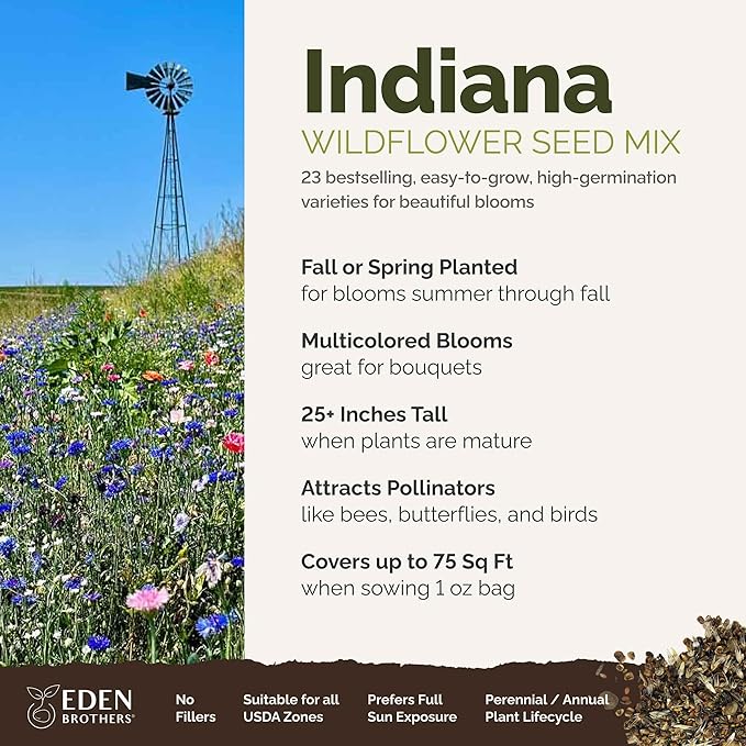 Eden Brothers Indiana Wildflower Mixed Seeds for Planting, 1 oz, 30,000+ Seeds with Sweet William, Cornflower | Attracts Pollinators, Plant in Spring or Fall, Zones