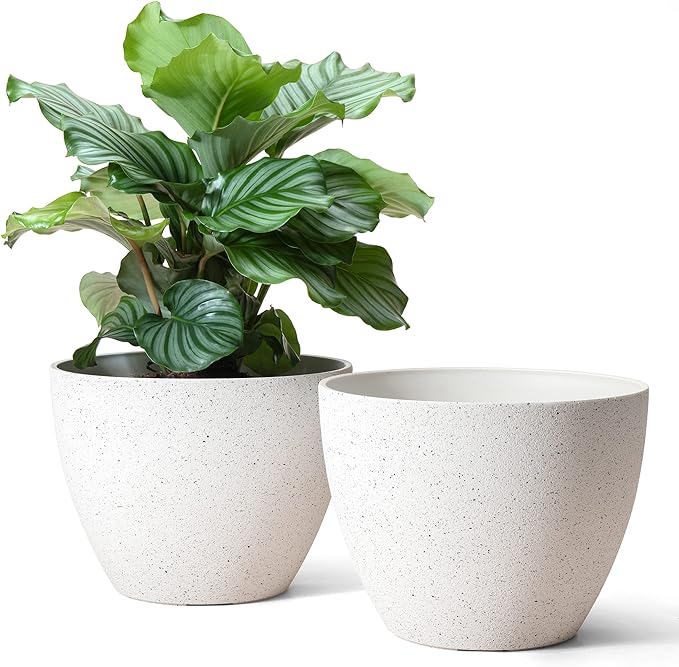 LA JOLIE MUSE Flower Pots Outdoor Indoor Planter - 11.3 inch Garden Plant Pots Tree Planter for Patio, Deck,Garden,Speckled White,Set of 2