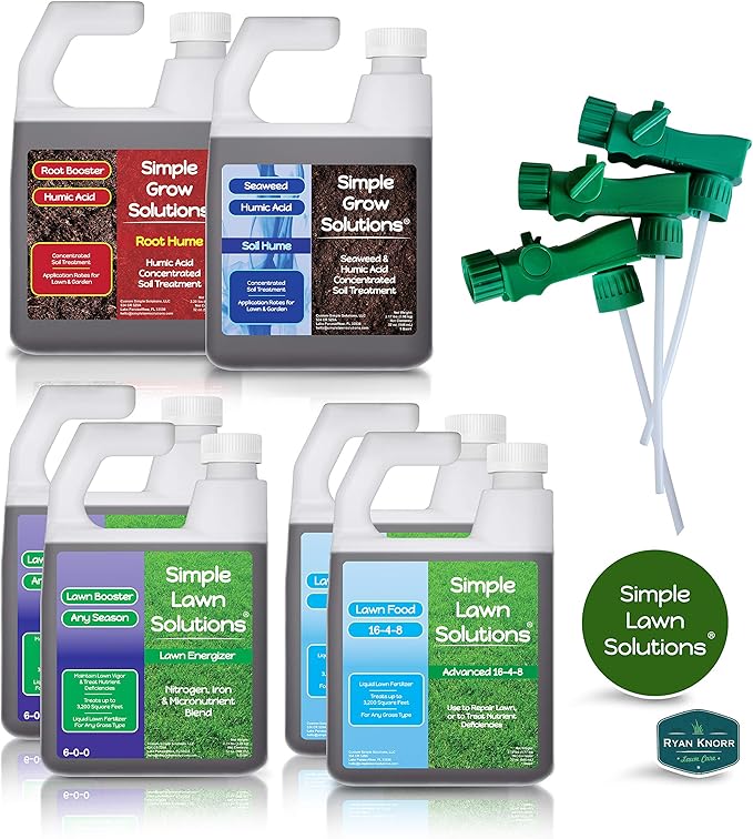 Simple Lawn Solutions - Ryan Knorr - Lawn Essentials Bundle Box - 6 Piece Set- Lawn Food 16-4-8 NPK, Lawn Energizer Booster, Root Hume- Humic Acid, Soil Hume- Seaweed, Humic Acid (32 Ounce Bundle)