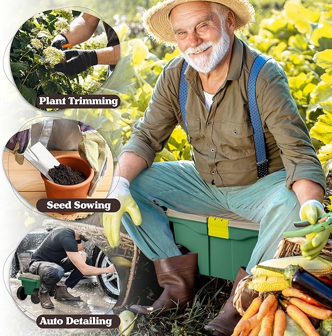 Rolling Garden Cart with Seat - Plastic Storage with Bench and Interior Tool Tray - Gardening Stool for Weeding and Planting By Pure Garden (Green)