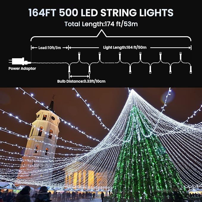 175Ft Christmas Lights Outdoor, 500 LED Christmas String Lights with 8 Modes, Timer, Waterproof Fairy Twinkle Lights for Christmas Party, Garden, Wedding, Holiday, Xmas Tree Decorations (White)