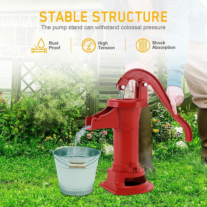 Samger Antique Pitcher Hand Water Pump Cast Iron Red Hand Well Pump 25ft Maximum lift Manual Water Transfer Pump Boost Fountain for Outdoor, Yard, Pond, Garden Decoration Kit