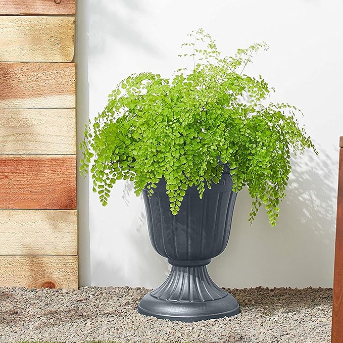PL10GY Indoor/Outdoor Classic Traditional Plastic Urn Planter, 15" x 13", Gray