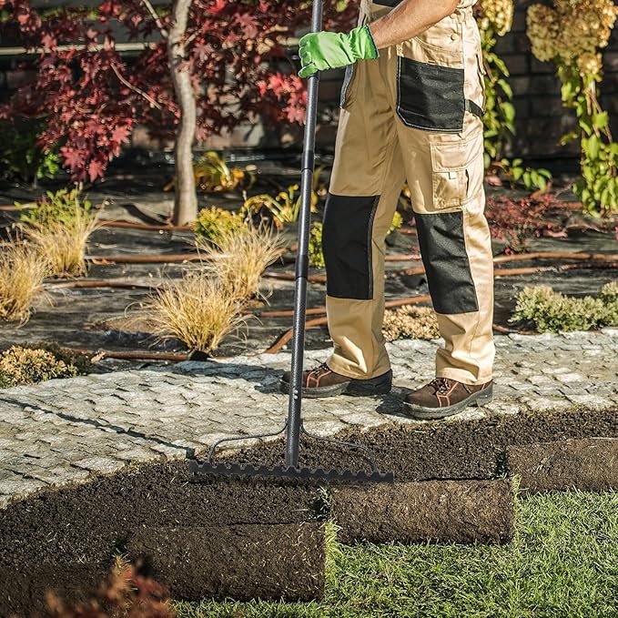 Garden Rake, 5FT Bow Rake Heavy Duty Leveling Rake with Adjustable Handle, 17 Tines Wide Head Metal Thatch Rake for Gardening Leaves Lawn Yard Mulch Rake