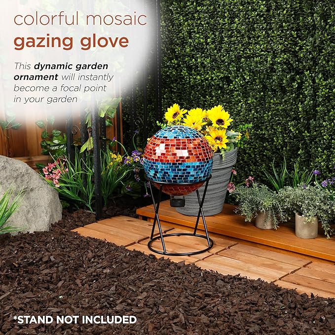 Alpine Corporation HGY292 Striped Mosaic Gazing Globe, Stylish Décor for Garden, Patio, & Lawn, 12" H, Orange and Turquoise
