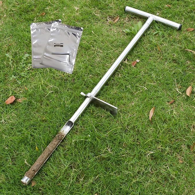 Soil Probe 35 Inch with 2 Bags, Straight Soil Sample Probe for Lawn House Plants, T-Handle Soil Sampler Probe Rod with Pedal, Stainless Steel Soil Test Kits Tool for Soil Sampling