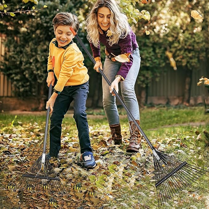 High-Carbon Steel Gardening Leaf Rake, Suitable for Raking Leaves and Lawn Tidying,Adjustable Split Long Handle 33-67", 24tines 23.2" Wide,Garden rake and thatch rake Suitable for Adults