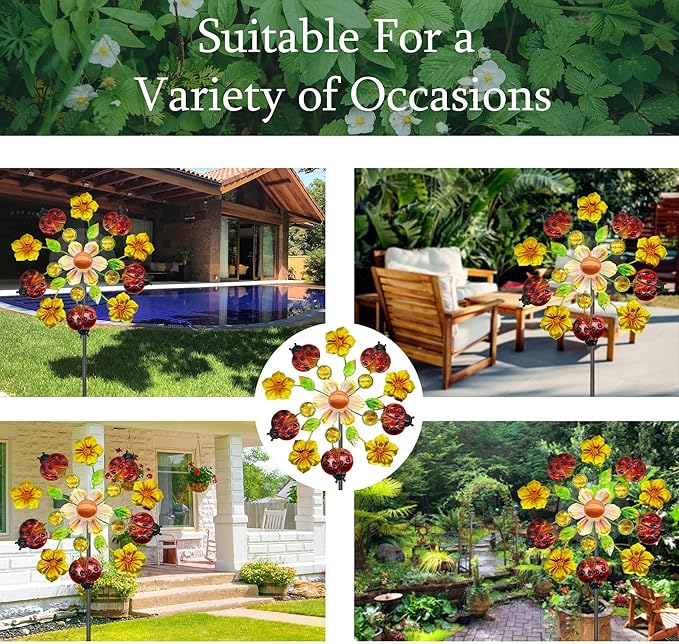 Solar Wind Spinners Outdoorsfor Yard and Garden - 40 Inch Metal Wind Sculpture, Outdoor Kinetic Windmill with Multi-Color Led Lights for Patio, Lawn & Garden Decoration (Beetle)