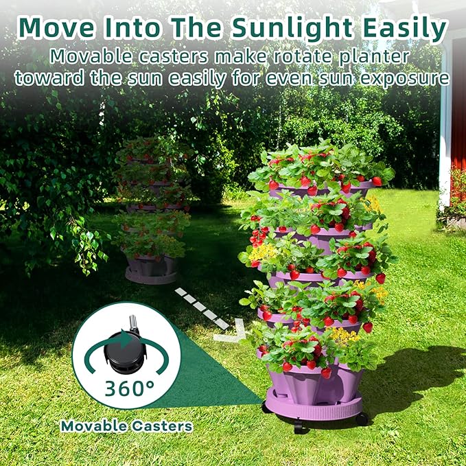 Strawberry Vertical Planter GardenTower, 5 Tiered Stackable Planter with Support Pole, Stacking Herb Vegetable Planters Indoor and Outdoor - Purple