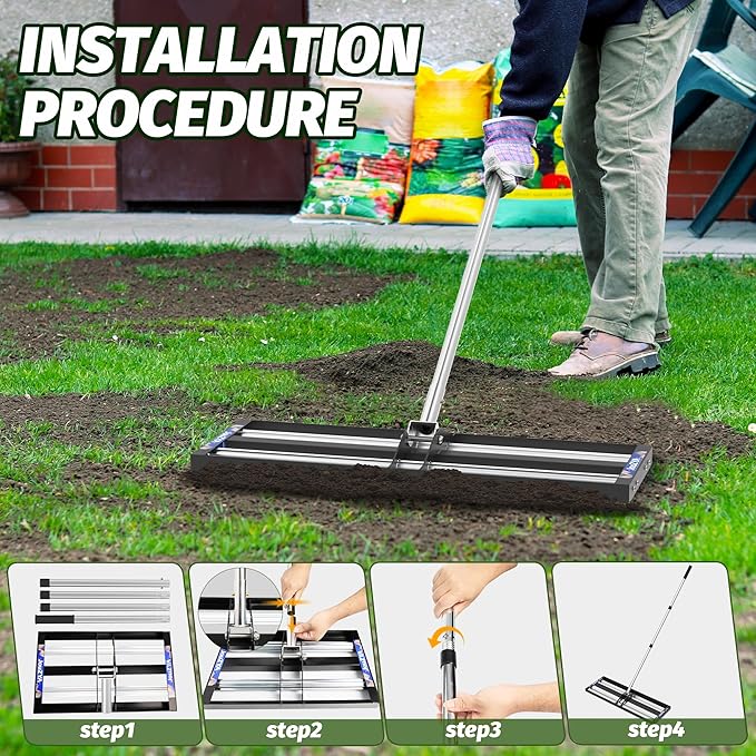 Updated Lawn Leveling Rake with Aluminum Rollers, Stainless Steel 30"x10" Levelawn Tool , Heavy-Duty Lawn Leveler with 80" Extended Handle, Yard Leveling Rake Suit for Garden, Golf Lawn, Farm