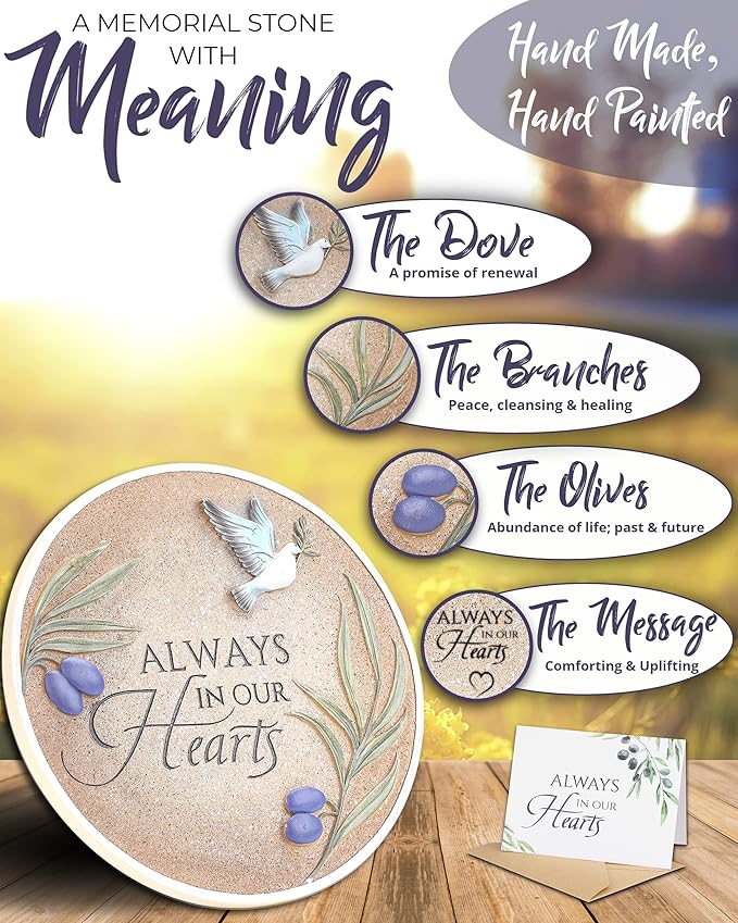 10-Inch Garden Memorial Stone with Included Plaque Stand & Sympathy Card, Memorial Plaques for Outdoors with Peace Dove Amongst Olive Branches, Memorial Stepping Stone for Loss of Loved One