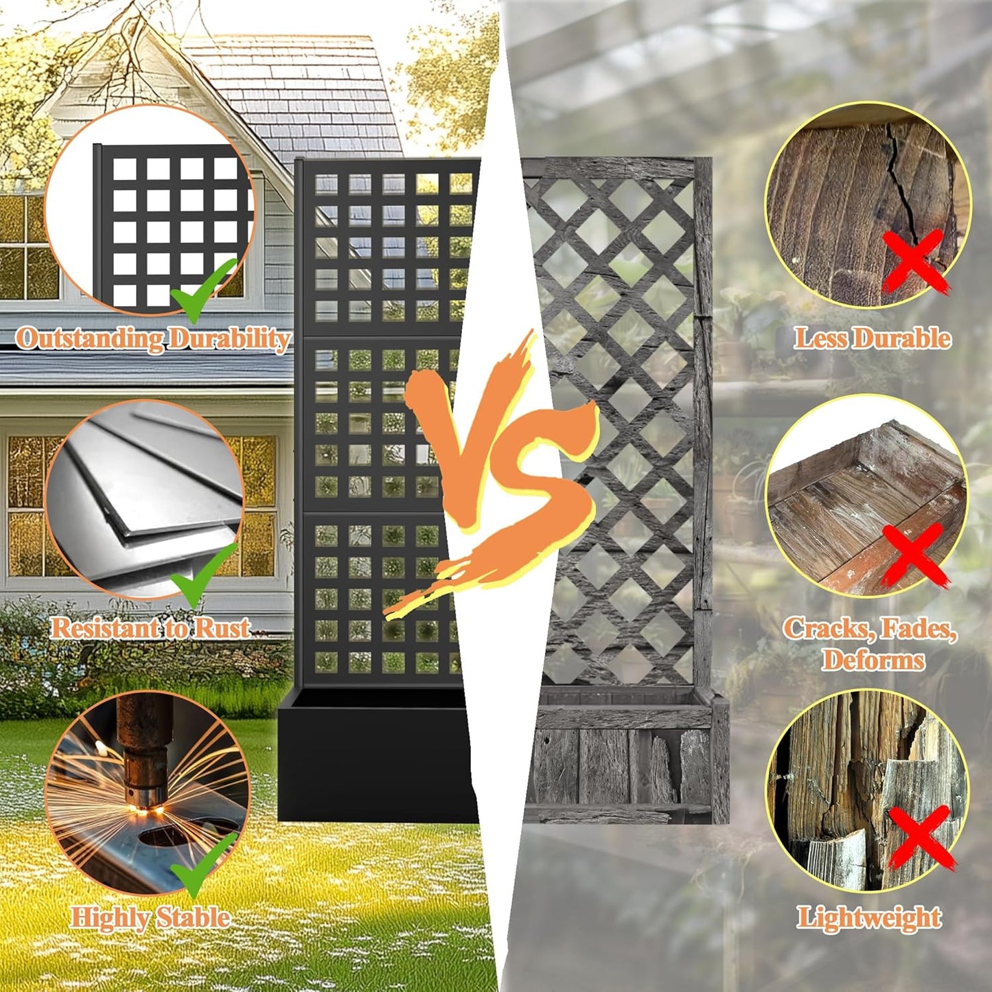 Metal Planter Box with Trellis & Wheels, Raised Garden Bed with Privacy Screen, Outdoor Standing Flower Beds with Drainage Hole for Climbing Plants, Vine, 47" Lx16 Wx71 H