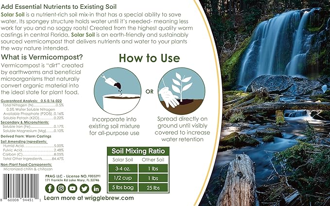 Solar Soil Vermicompost Soil Amendment from Earthworm Castings. All Purpose Plant Food and Soil Enhancer for Gardens, Vegetables, Fruits, Houseplants. 5lb Bag. Mix with Potting Soil.