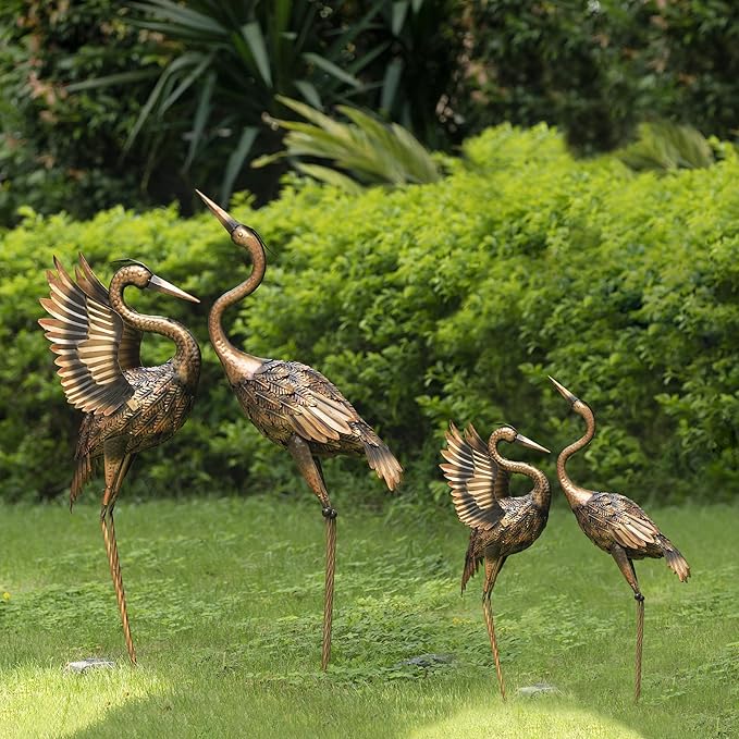 TERESA'S COLLECTIONS Yard Decorations Outdoor Garden Statues, Brass Metal Crane Yard Art, 25-26inch Lawn Ornaments for Backyard, Outside Porch, Patio, Wedding Decor,Set of 2,Spring Decor,Gifts for Mom