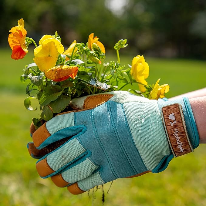 Wells Lamont Women's HydraHyde Gardening Gloves, Water-Resistant Leather Palm, Small, Blue (3250S)