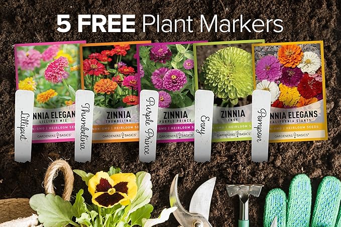 Gardeners Basics, Zinnia Seeds for Planting Outdoors Flower Seeds (5 Variety Pack) Thumbelina, Lilliput, Envy, Purple Prince and Pompon Varieties for Butterflies, Bees, Pollinators Wildflower Seed