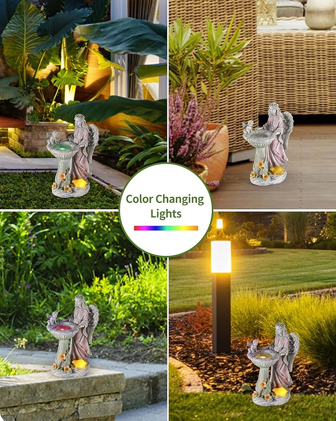 iStatue Solar Angel with Mushroom Bird Bath Statue - 9.5'' Garden Decor for Outside Clearance, Color-Changing Lights Lawn Ornaments Baby Turtle Figurine for Yard Patio Balcony (Angel)