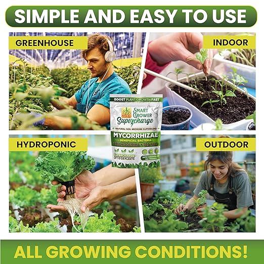 Mycorrhizal Fungi with Beneficial Bacteria, Trichoderma, Sea Kelp, Molasses, Yucca, Smart Grower Supercharge Plant Root Enhancer 4oz Super Concentrate Powder Makes 50 Gallons