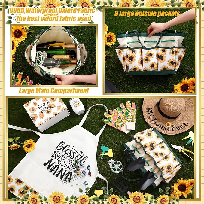 Lasnten 16 Pcs Gardening Tools Set Nana Gifts Birthday Gifts for Nana Grandma with Gloves Apron and Hat Tote Bag Insulation Cup Blessed Nana Ever Gifts Set for Plant Lover from Grandkids Grandson