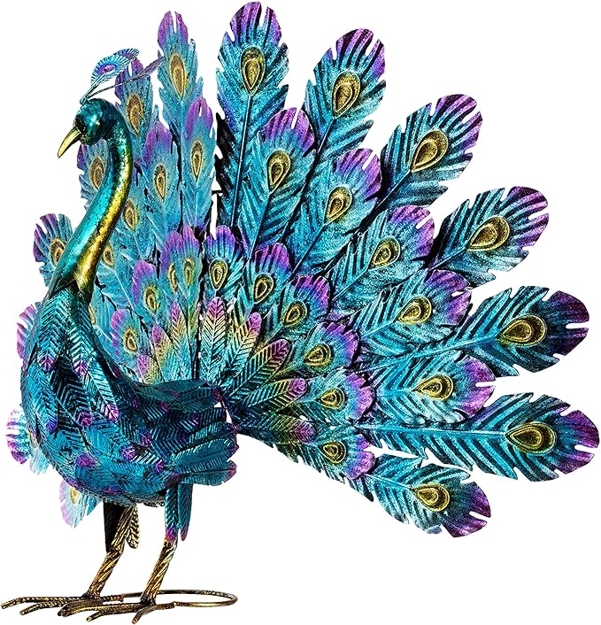 Alpine Corporation - 23" Tall Outdoor Metallic Peacock Tail Spread Yard Statue – Vibrant Garden Sculpture for Patio, Lawn, or Entryway (Multicolor)