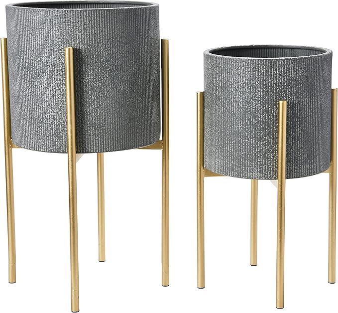 Main + Mesa Modern Boho Embossed Metal Planters with Stands, Charcoal Grey and Gold, Set of 2 Sizes