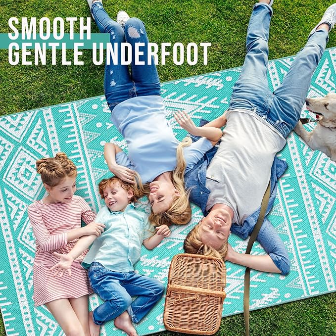 OLANLY Outdoor Rug Waterproof 4x6 ft, Reversible Outdoor Plastic Straw Rug, Boho Patio Rug, Indoor Outdoor Carpet, RV Mat Outside for Patio, Camp, Picnic, Balcony, Deck, Backyard, Turquoise & White