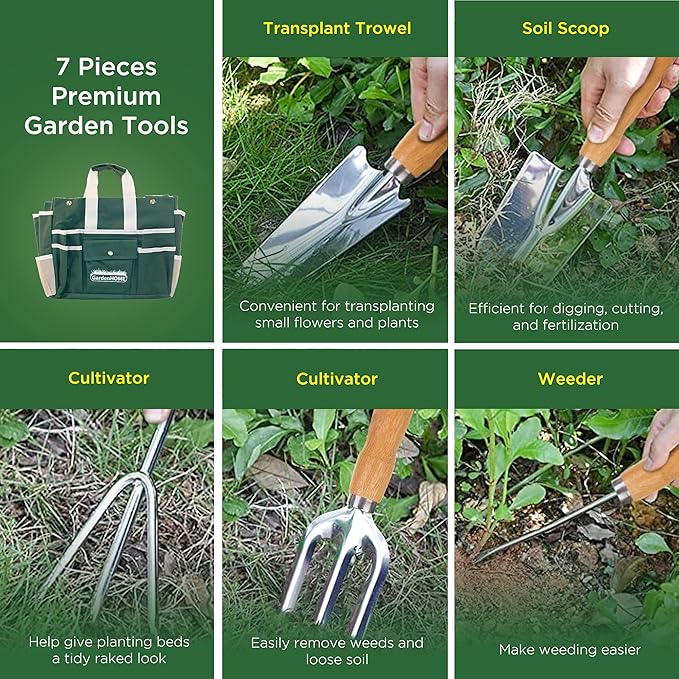 Gardening Tool Set, Stainless Steel 7-Piece Gardening Tools with Heavy-Duty Folding Stool and Detachable Canvas Tote Bag, Green and White, Ideal Gardening Gifts for Women and Men