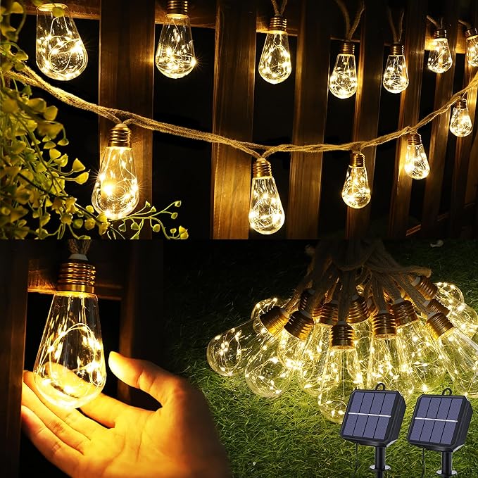 Solar Outdoor String Lights, 2 Pack 20Ft Vintage Rope Hemp Solar Patio Lights, Waterproof Warm White Solar Powered String Lights With 8 Modes 16 Shatterproof Bulbs for Fence Stairs Balcony Café Bistro