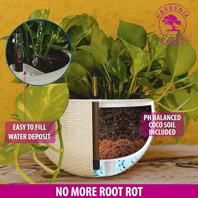 GARDENIX DECOR 11'' Self Watering Hanging planters for Indoor Plants - Flower Pot with Water Level Indicator for Plants, Hanging pots - Self Watering Planter Plant Pot-Coco Coir- Round 1 Pack - White