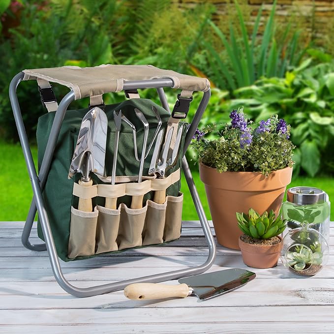Pure Garden Folding Garden Stool with Tool Bag Plus 5 Garden Tools,Tan, Green and Silver