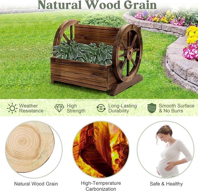 2PCS Wooden Wagon Planter Box, Garden Planter with Wheels,Decorative Flower Planter for Flowers Herbs Vegetables for Indoor & Outdoor Decor,Wooden Flower Cart for Patio Garden Balcony