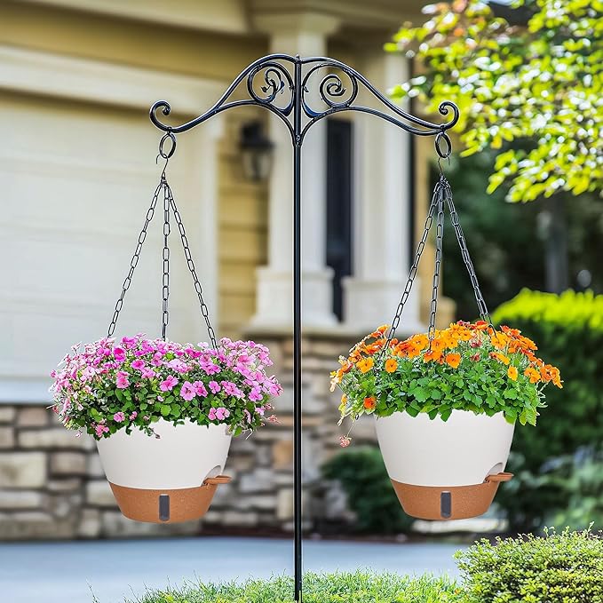 10 Inch Hanging Planters for Indoor Plants, 2 Pack Self Watering Hanging Baskets Flower Pots with Drainage Hole, Visual Reservoir & 2 Kinds of Plant Hanger for Outdoor Garden Home Decor