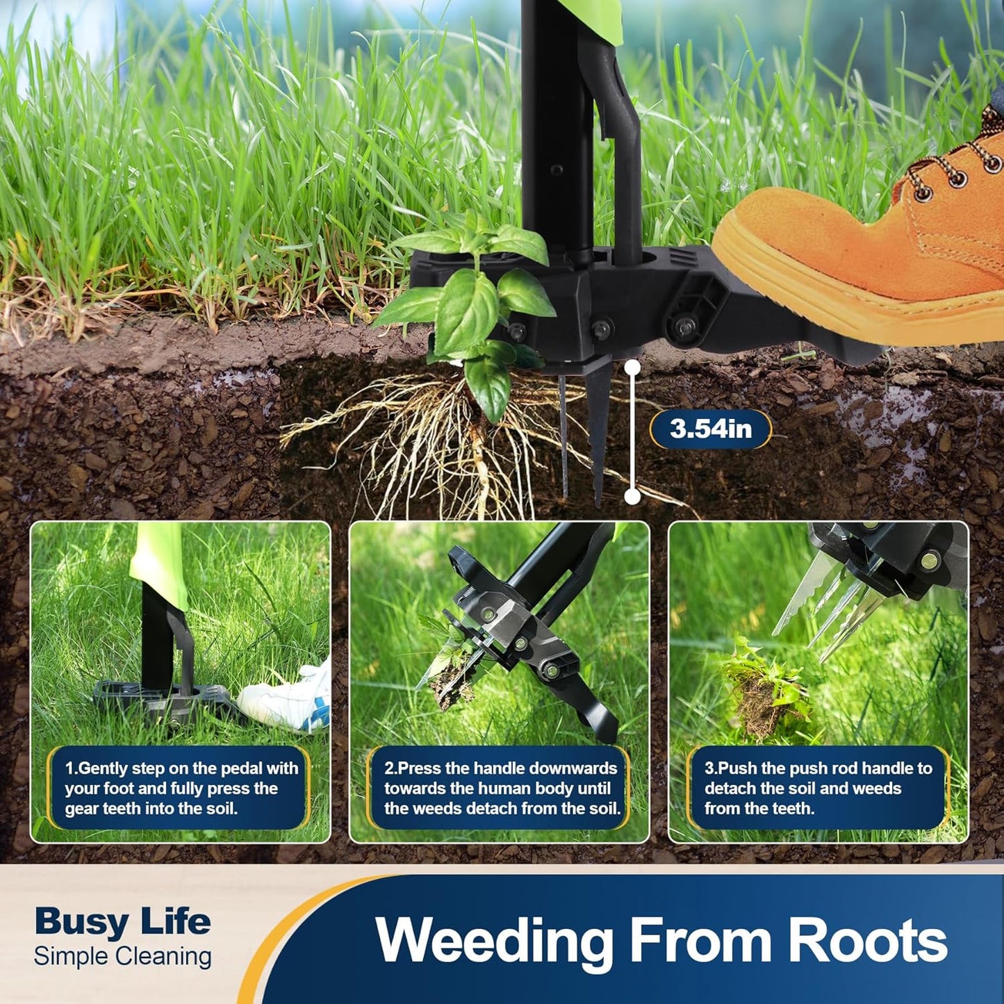 Yocada Stand Up Weed Puller Tool Heavy Duty 4 Manganese Steel Claws Gardening Hand Weeding Tool with 39" Ergonomic Long Handle Easy Eject Mechanism for Weeding