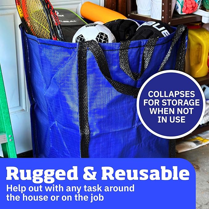 DURASACK Heavy Duty Home and Yard Waste Bag 48-Gallon Woven Polypropylene, Reusable Lawn and Leaf Garden Bag with Reinforced Carry Handles, Pop-Up Self-Standing Garbage Can, Blue, Pack of 3