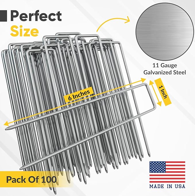 USA Made 100 Pack Landscape Staples 6 inch 11 Gauge Garden Stakes Galvanized Landscape Fabric Pins | Metal Stakes for Ground Cover Holding Fence Christmas Decorations Irrigation Tubing