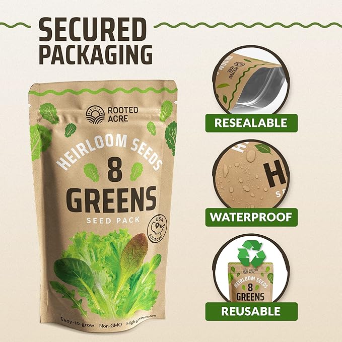 Rooted Acre 8 Lettuce & Greens Seed Vault - 1200 Non-GMO, Vegetable Heirloom Seeds for Planting Indoor or Outdoor - Hydroponic Garden Seeds - Salad Greens Mix - Spinach, Kale, Lettuce, and More