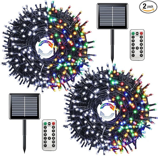 JMEXSUSS 2 Pack White and Multicolor Solar Christmas Lights, Total 400 LED 151FT Color Changing Solar String Lights Outdoor Waterproof for Outside Yard Tree Christmas Decorations