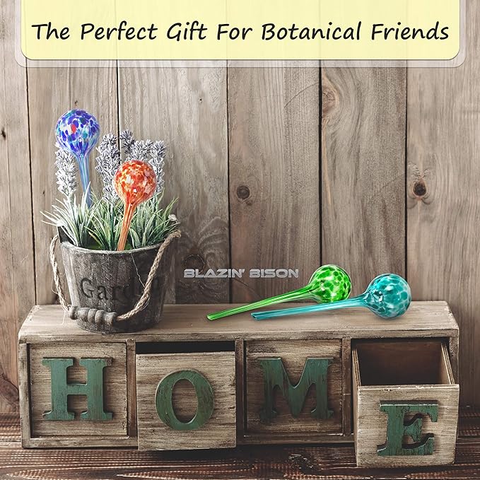 Blazin Indoor Plant Watering Globes | Automatic Self Water Bulbs | Aqua Water Globe | Decorative Hand-Blown Glass | 4pc Deluxe Set (Large)